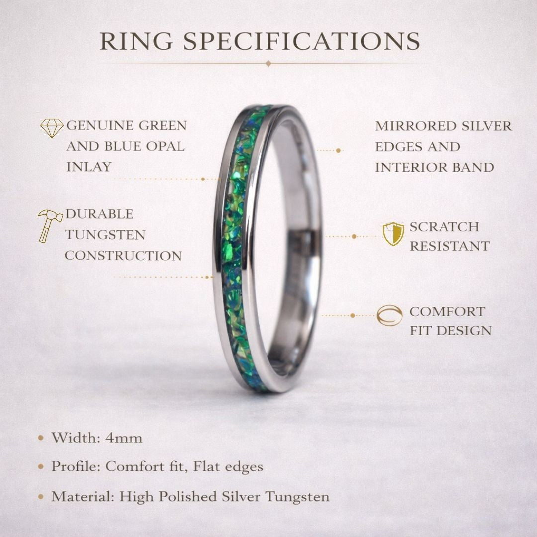 Tungsten 4mm Ring Crushed Green and Blue Opal Wedding Band - Tungsten Titans