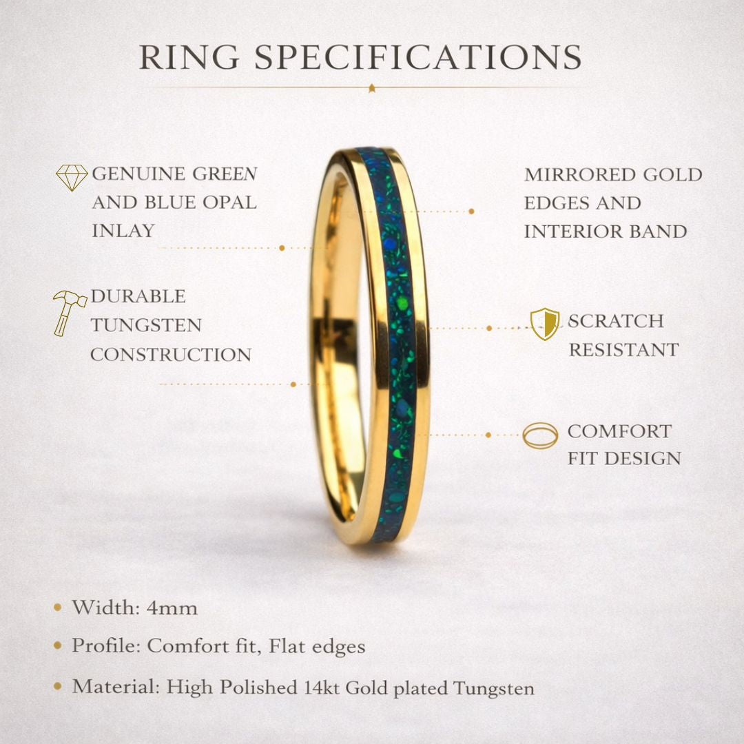 Tungsten 4mm Yellow Gold Ring Crushed Green and Blue Opal Wedding Band - Tungsten Titans