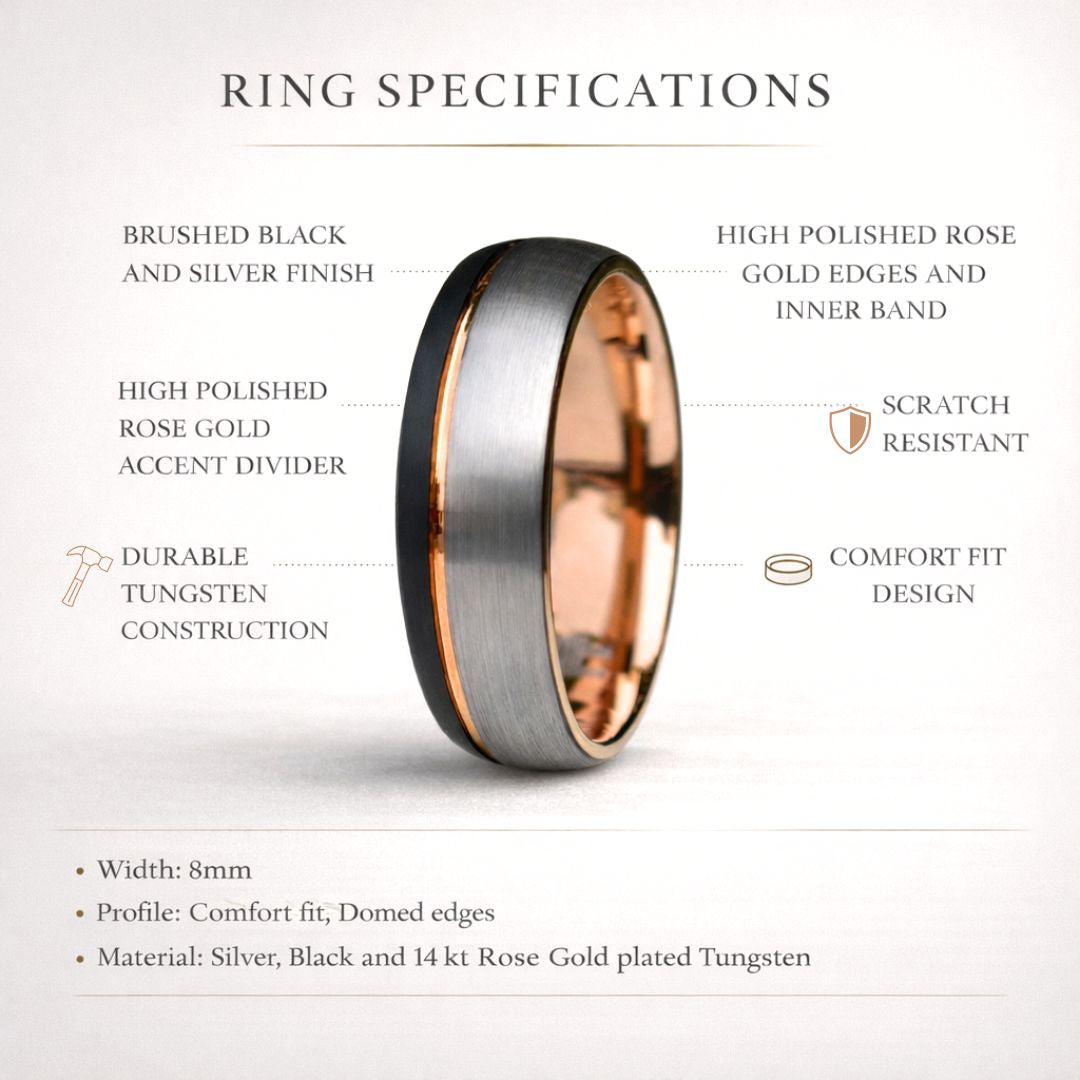 Domed 8mm Tungsten Ring Black and Silver Brushed with Rose Gold Accent - Tungsten Titans