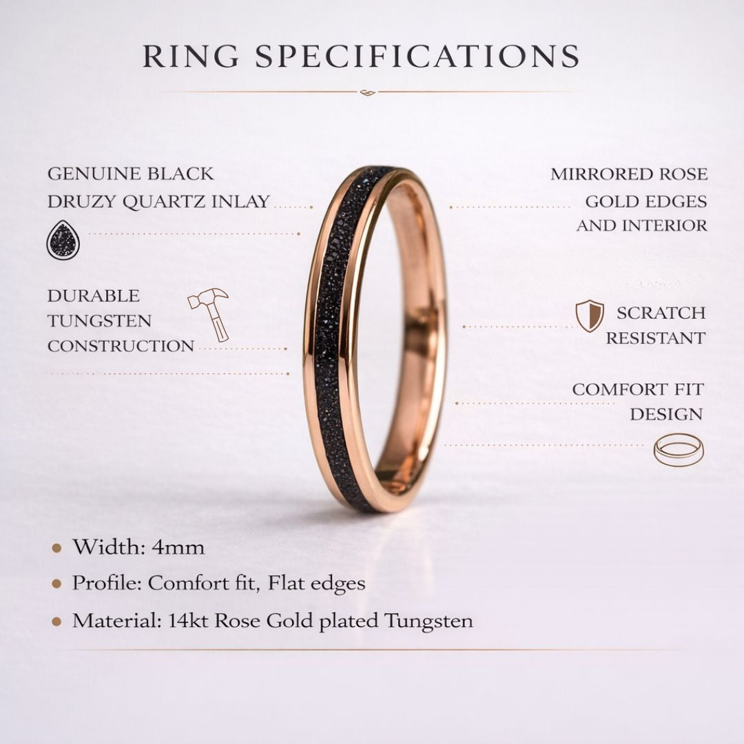 Tungsten Rose Gold Ring Black Druzy Quartz Wedding Band - Tungsten Titans