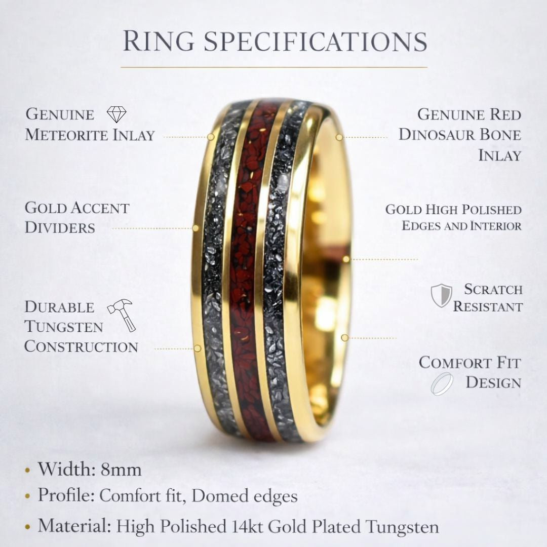 Tungsten 8mm Yellow Gold Ring with Red Dinosaur Bone & Meteorite Ring - Tungsten Titans