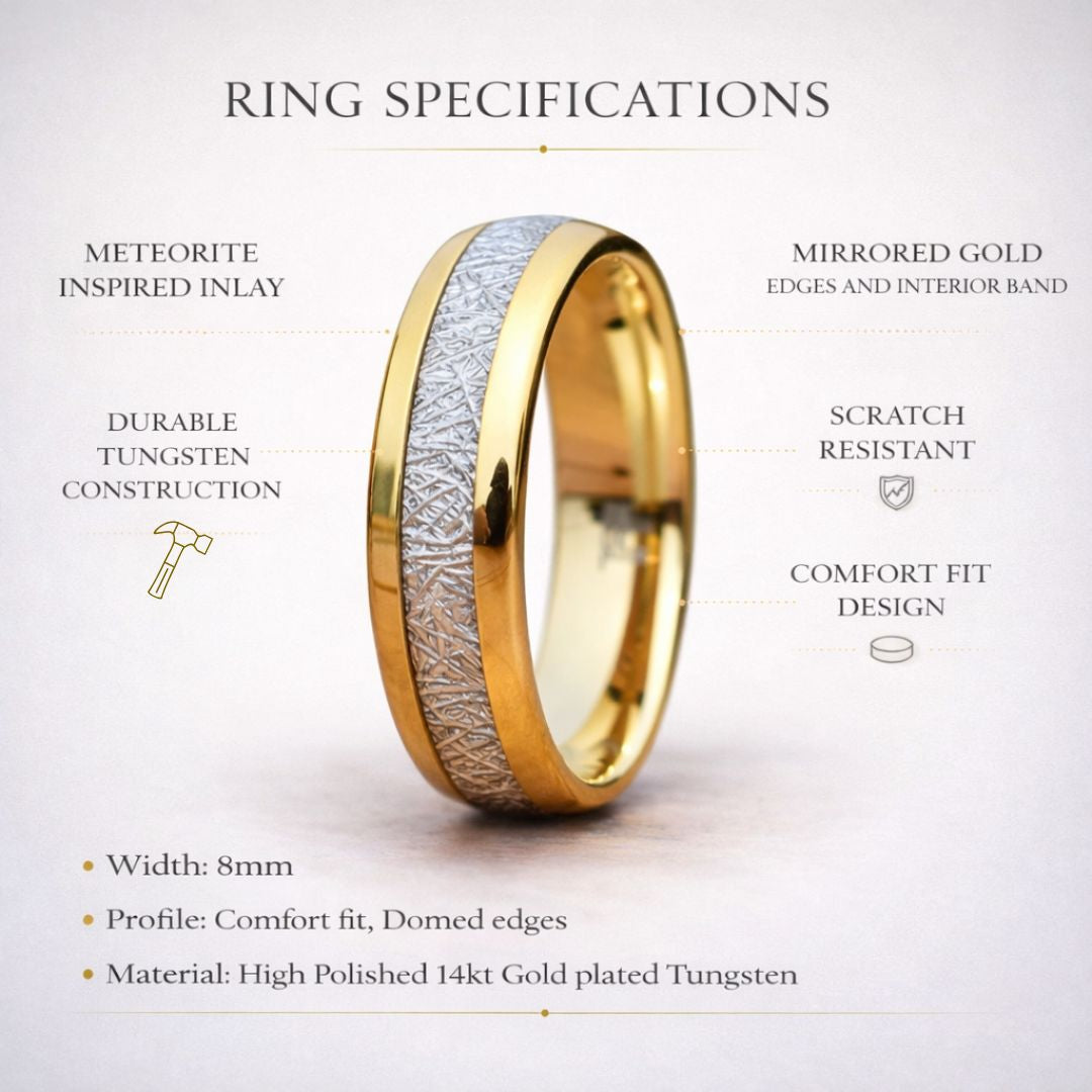 Tungsten 8mm Ring Gold with Meteorite - Tungsten Titans