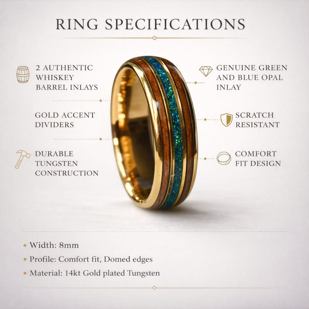 Tungsten 8mm Yellow Gold Ring with Crushed Green & Blue Opal and Whiskey Barrel - Tungsten Titans