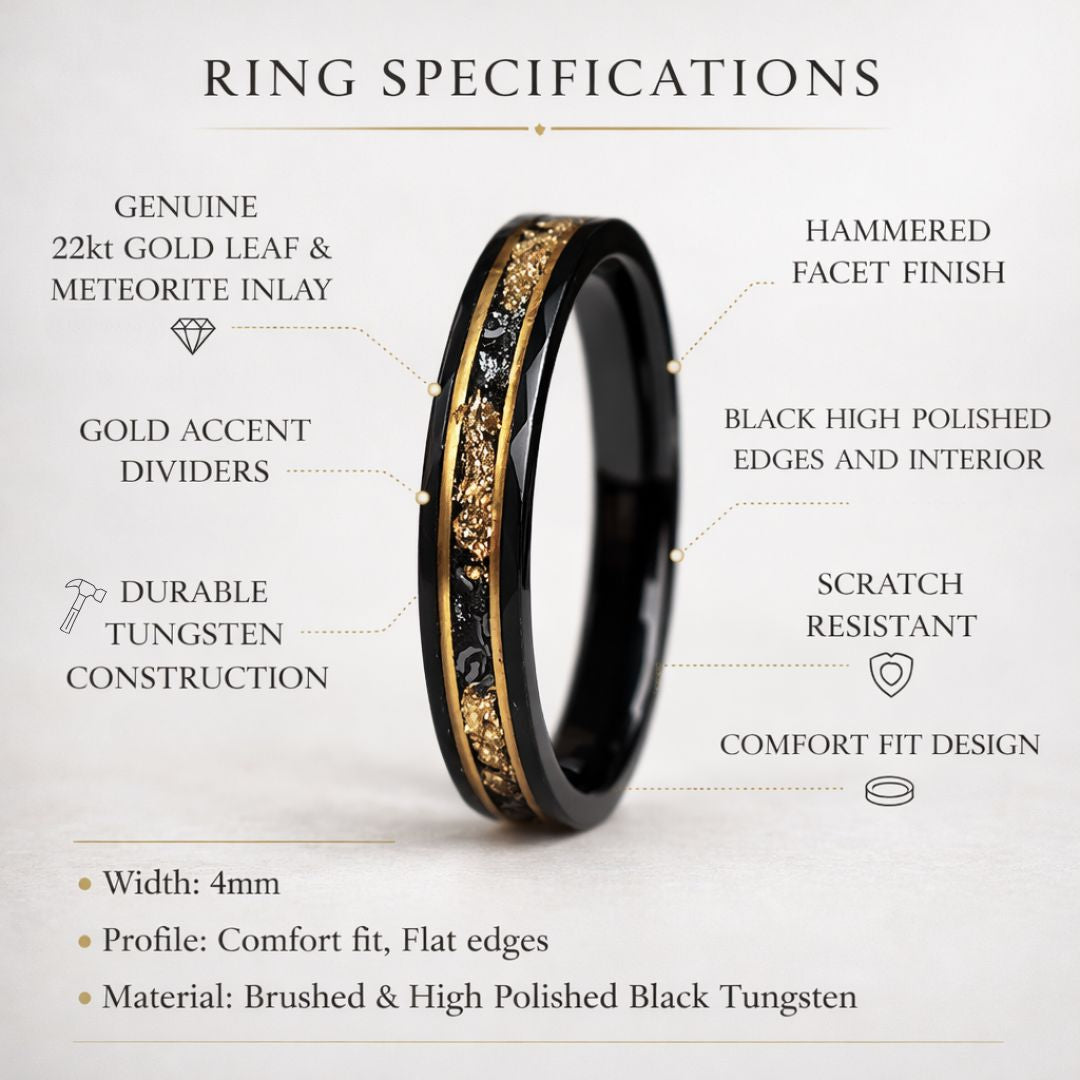 Hammered 4mm Black Tungsten Ring with 22K Gold Leaf and Meteorite Inlay - Tungsten Titans