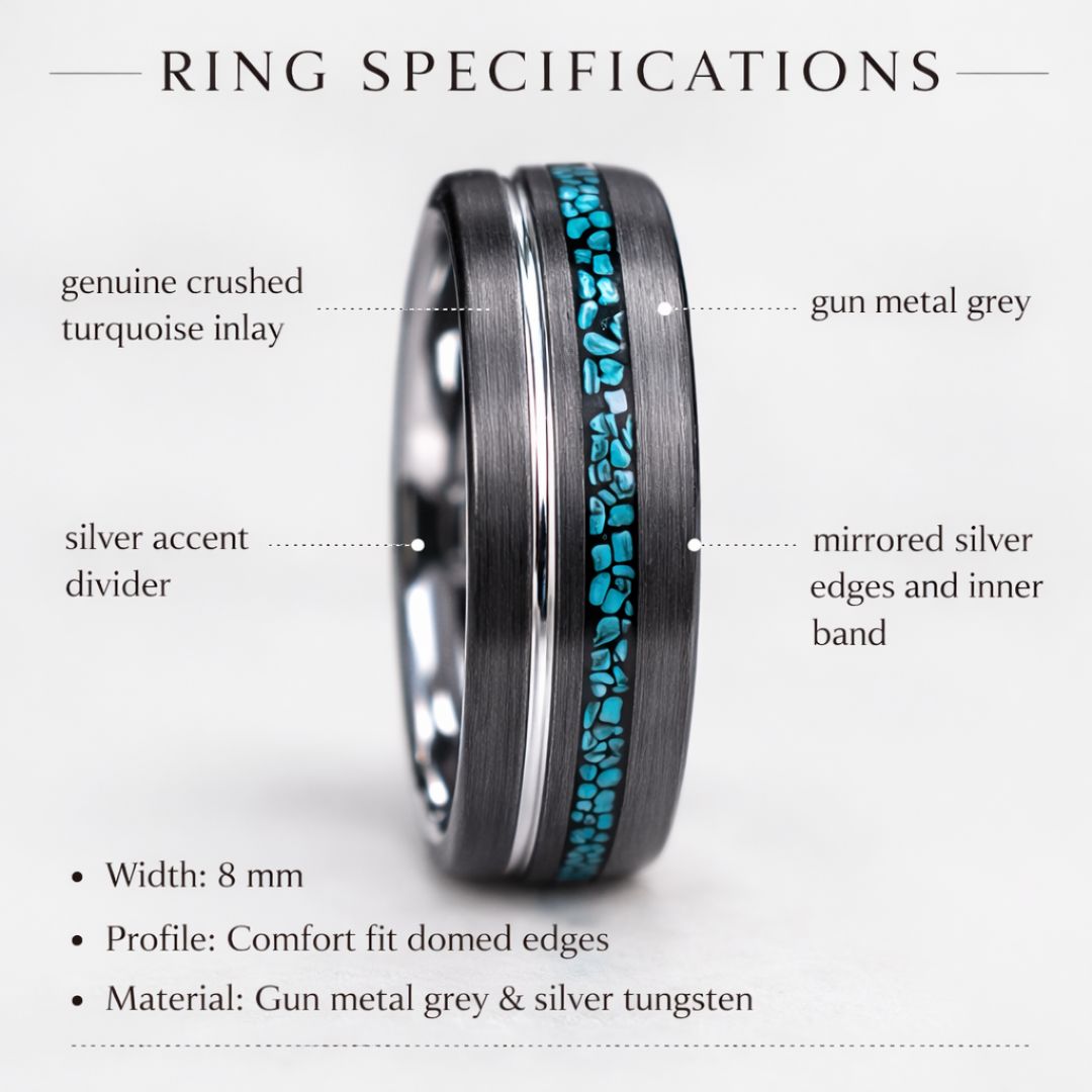 Tungsten 8mm Ring Grey with Silver Accent and Crushed Turquoise - Tungsten Titans