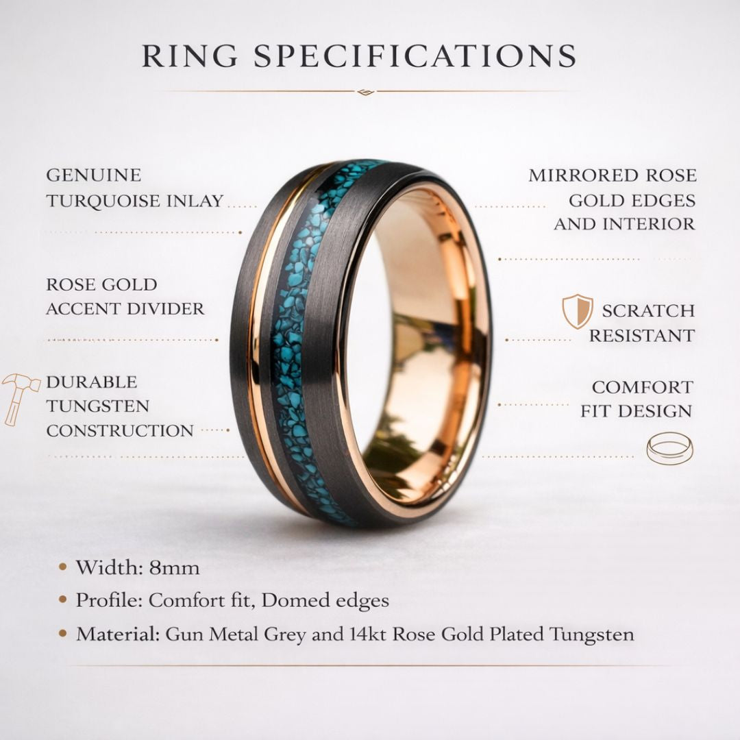 Tungsten 8mm Ring Grey with Rose Gold Accent and Crushed Turquoise - Tungsten Titans