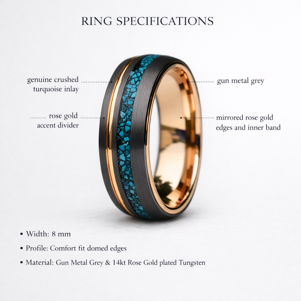 Tungsten 8mm Ring Grey with Rose Gold Accent and Crushed Turquoise - Tungsten Titans