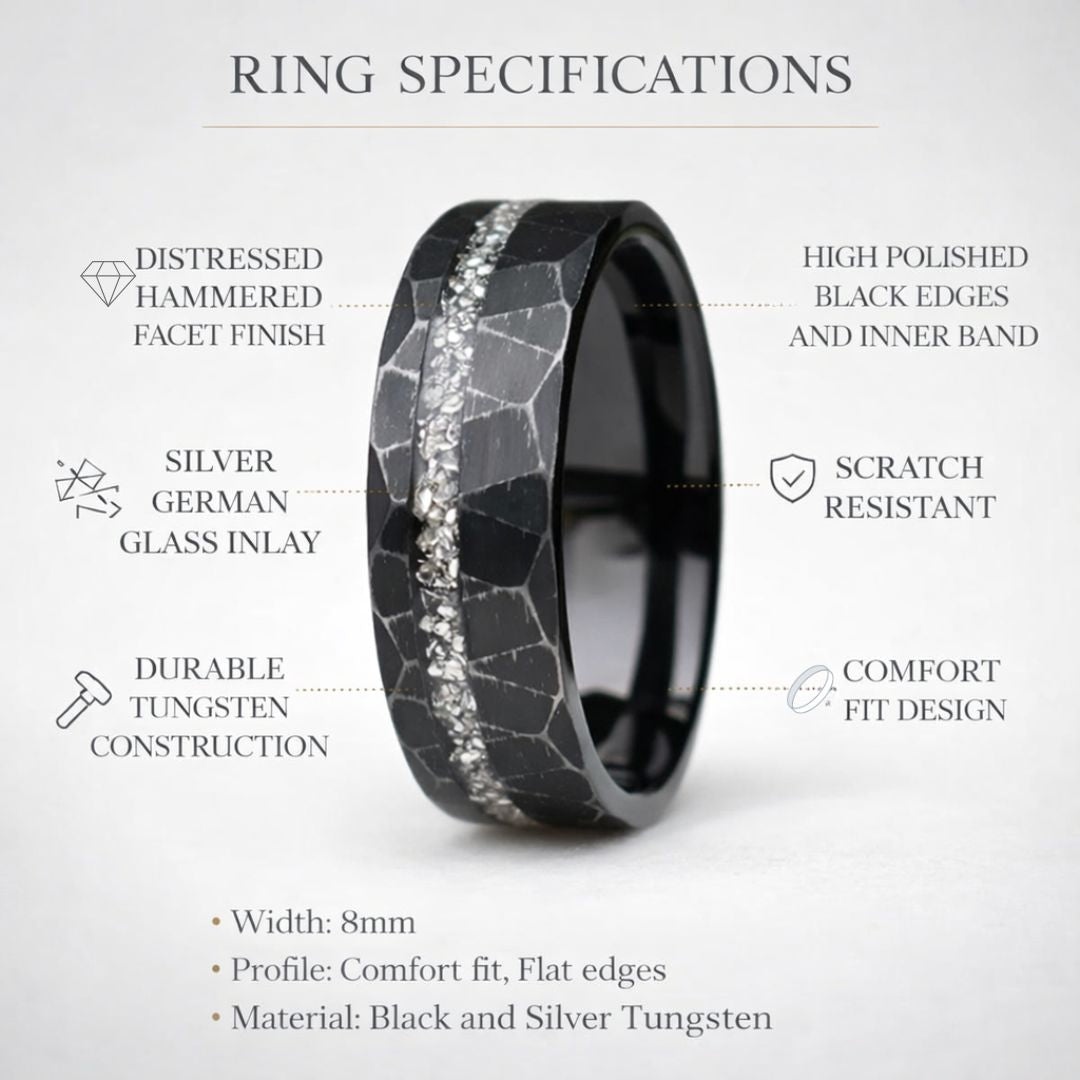 Tungsten 8mm Ring Distressed Black with German Glass Inlay - Tungsten Titans
