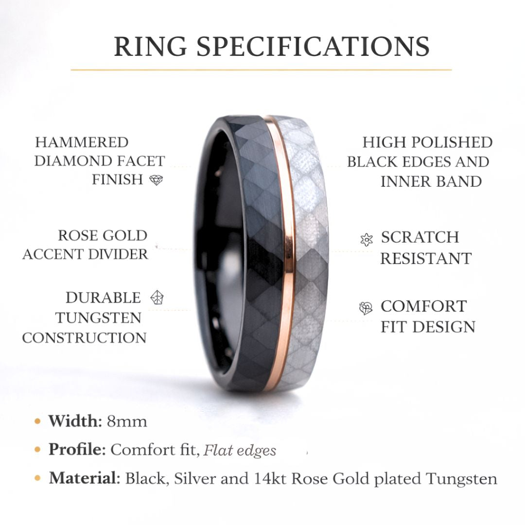 Hammered 8mm Tungsten Ring Black and Silver Brushed with Rose Gold Accent - Tungsten Titans