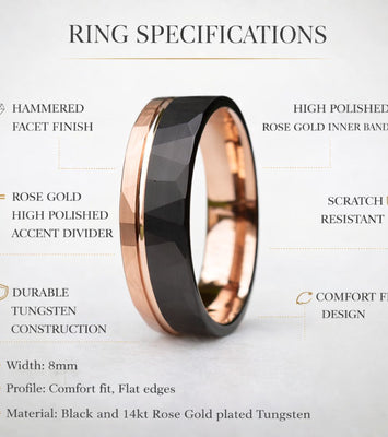 Hammered Tungsten Ring 8mm Black and Rose Gold Brushed with Polished Rose Gold Accent - Tungsten Titans