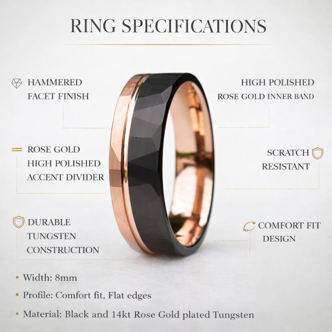 Hammered Tungsten Ring 8mm Black and Rose Gold Brushed with Polished Rose Gold Accent - Tungsten Titans