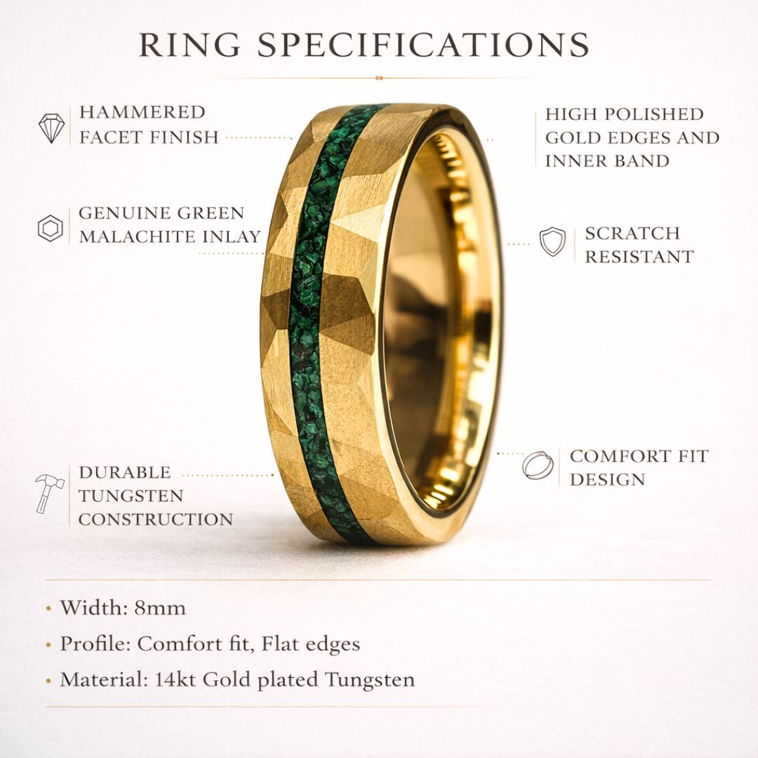 Tungsten 8mm Hammered Gold Ring with Malachite Inlay - Tungsten Titans
