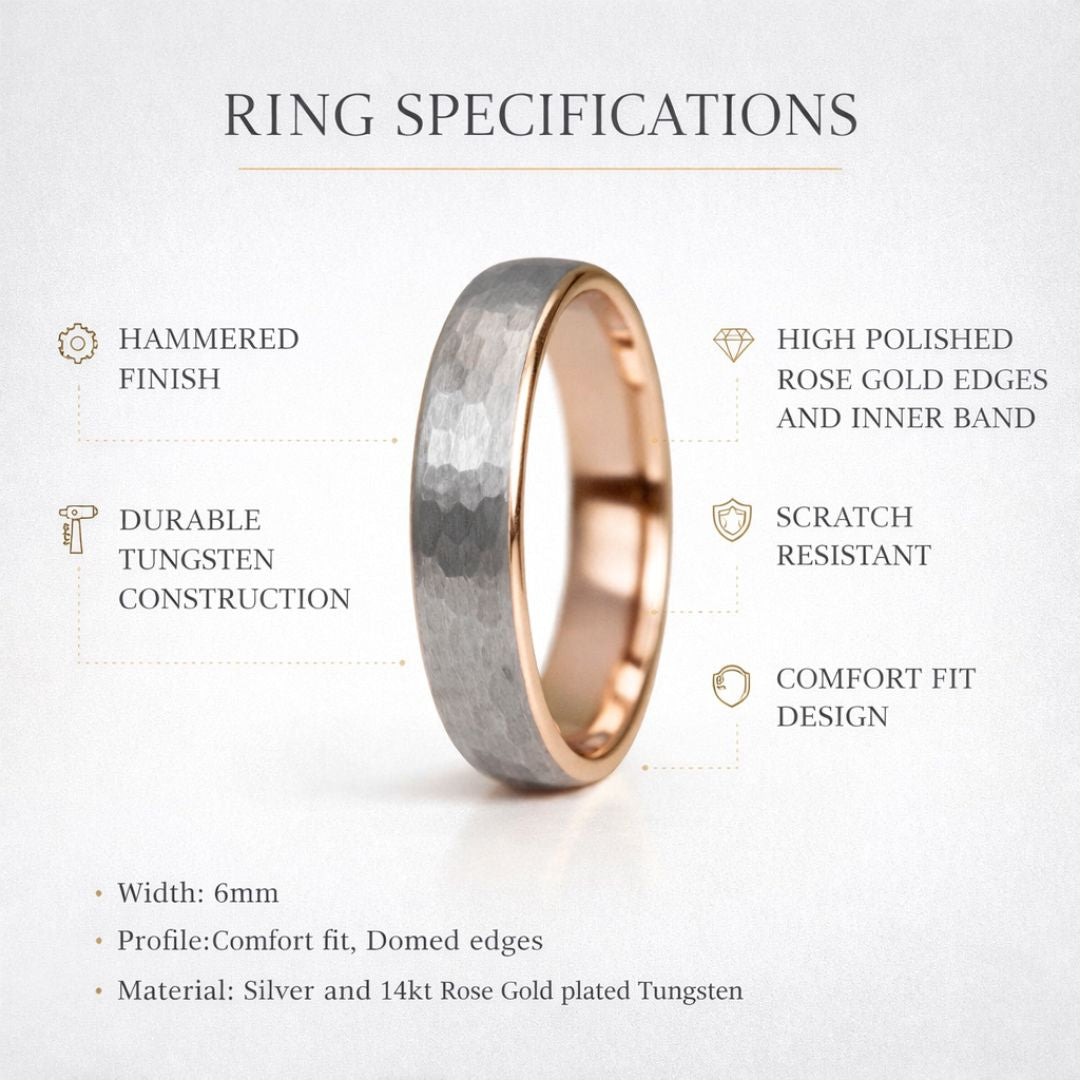 Hammered Tungsten 6mm Ring with Rose Gold Band - Tungsten Titans