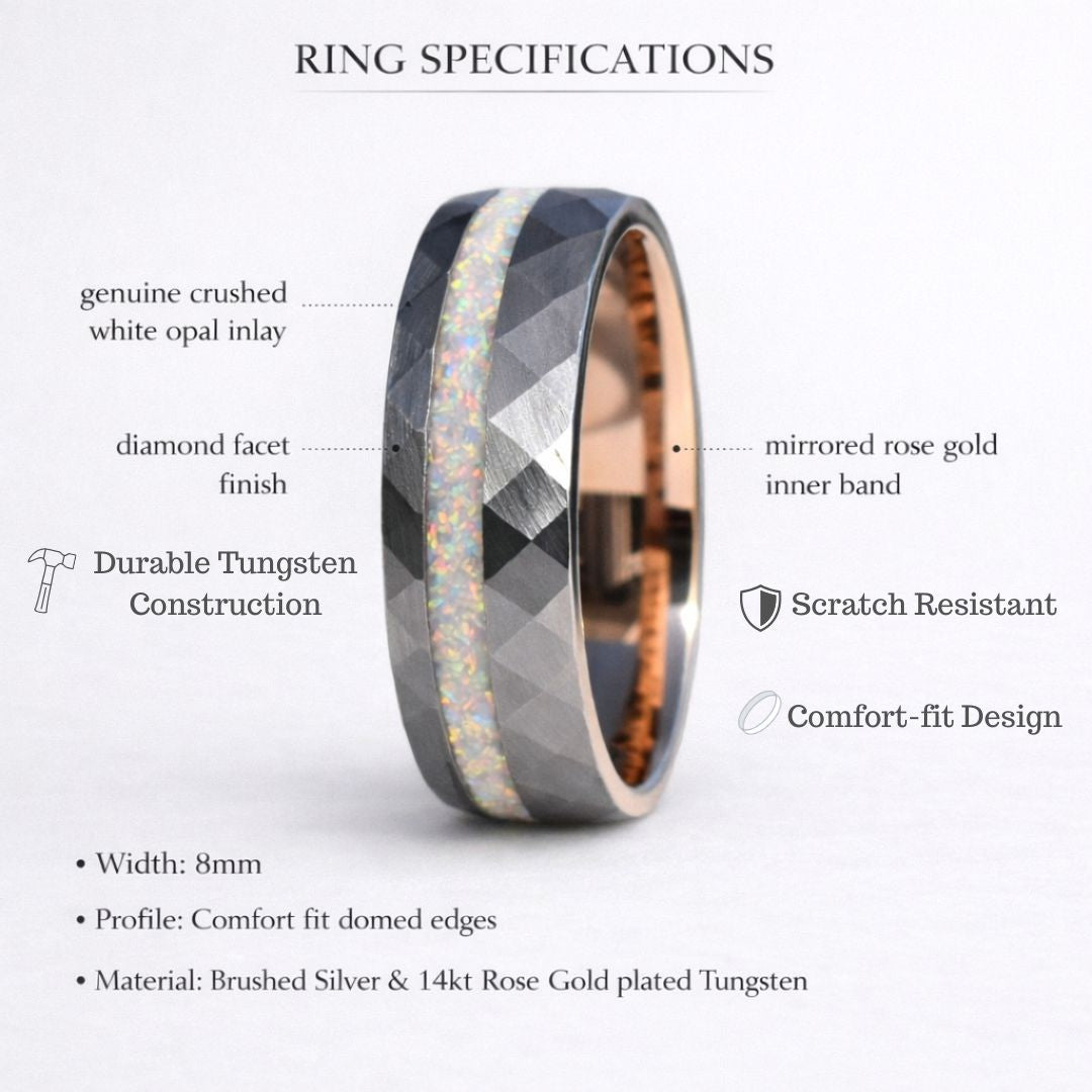 Tungsten 8mm Hammered Ring with Crushed Opal and Rose Gold Inner Band - Tungsten Titans