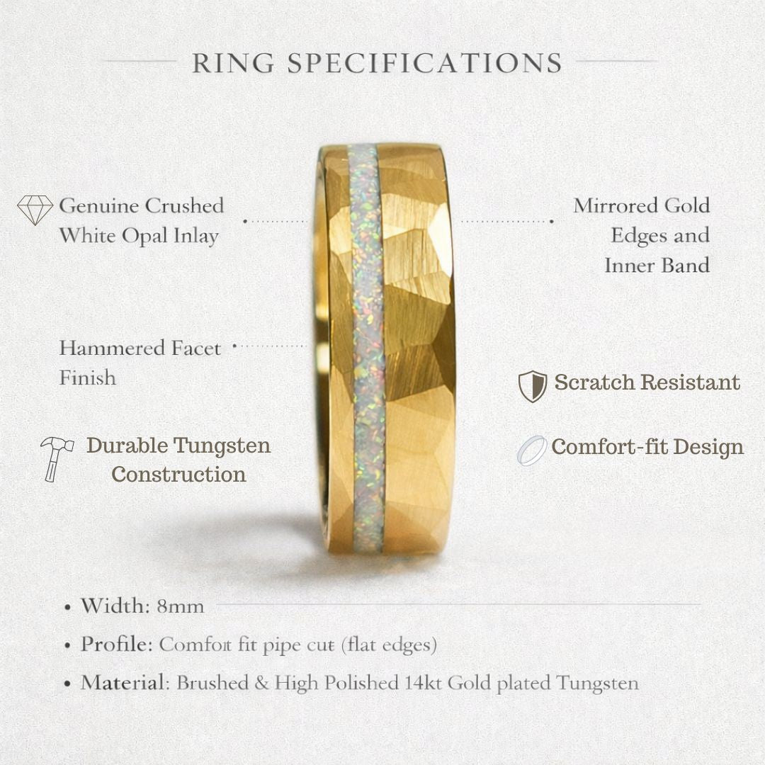 Tungsten 8mm Hammered Yellow Gold Ring with Crushed Opal Centre