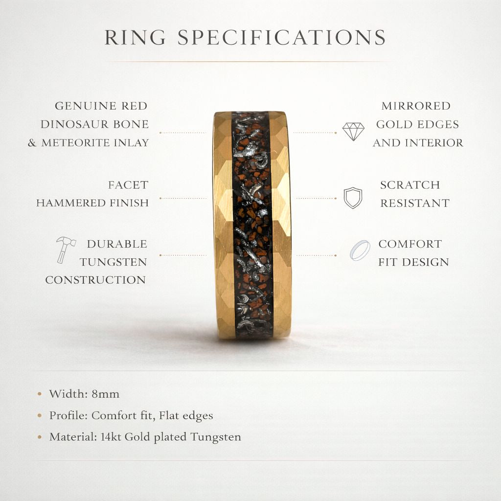 Red Dinosaur Bone & Meteorite Gold Tungsten Ring - Tungsten Titans