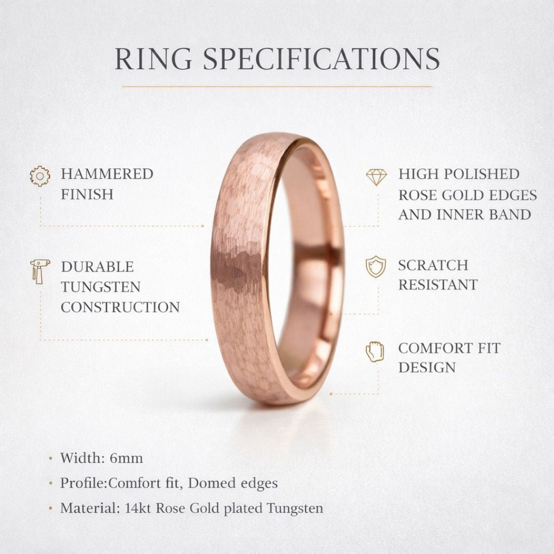 Tungsten 6mm Ring Hammered Rose Gold with Comfort fit band - Tungsten Titans