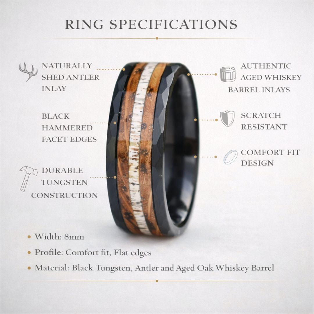 Tungsten 8mm Hammered Ring with Antler and Whiskey Barrel - Tungsten Titans