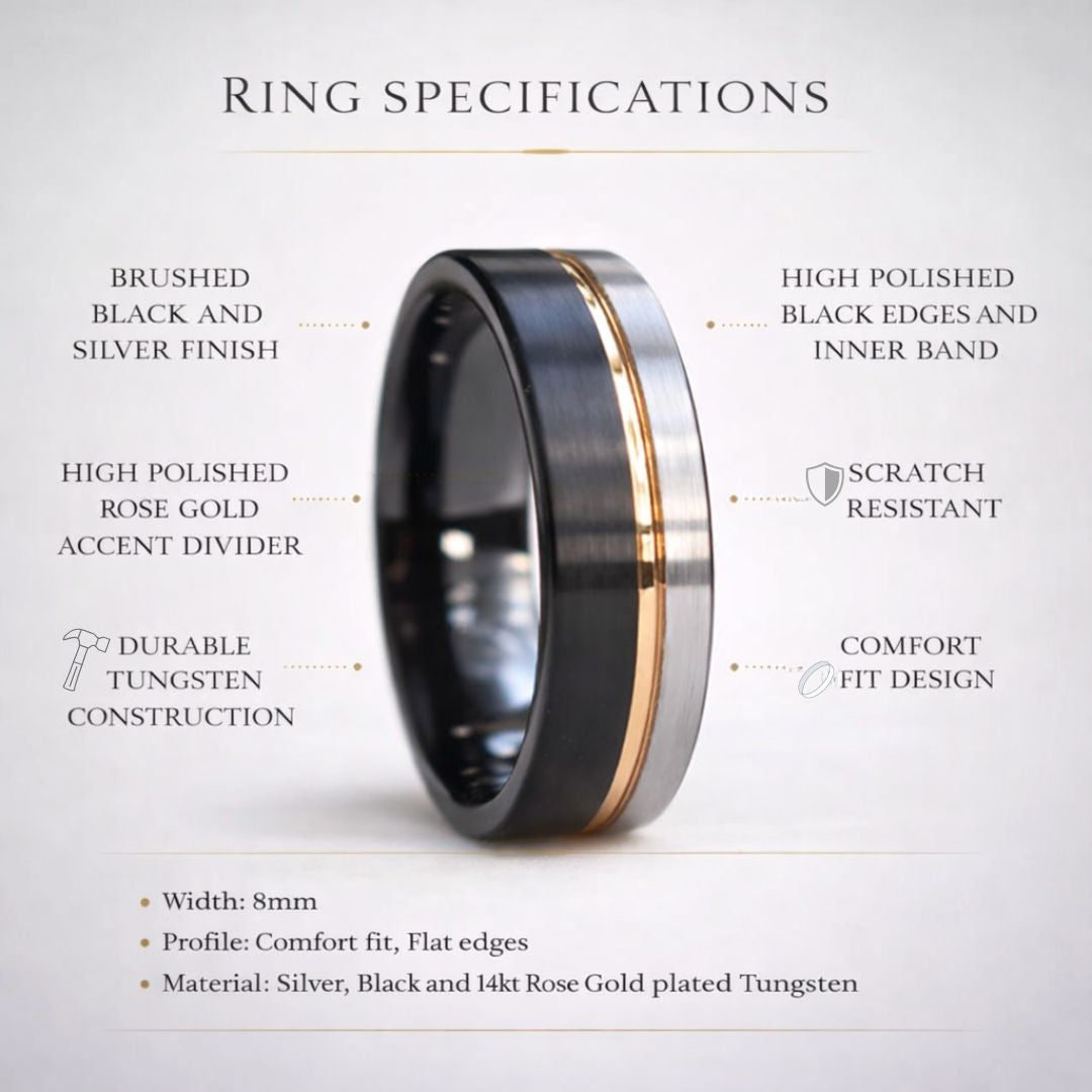 Tungsten 8mm Ring Black and Silver Brushed with Rose Gold Accent - Tungsten Titans