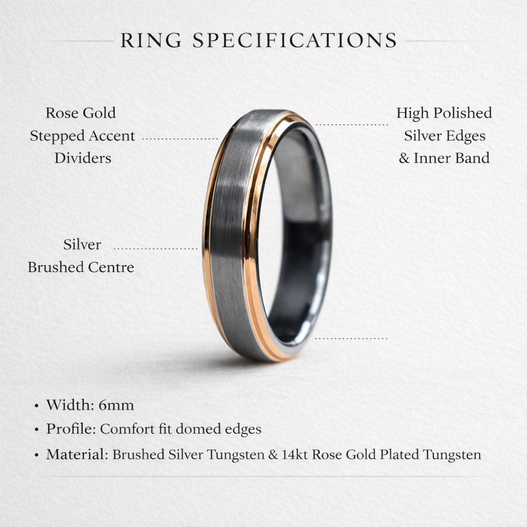 Tungsten 6mm Ring Brushed Silver with Rose Gold Beveled Edges - Tungsten Titans