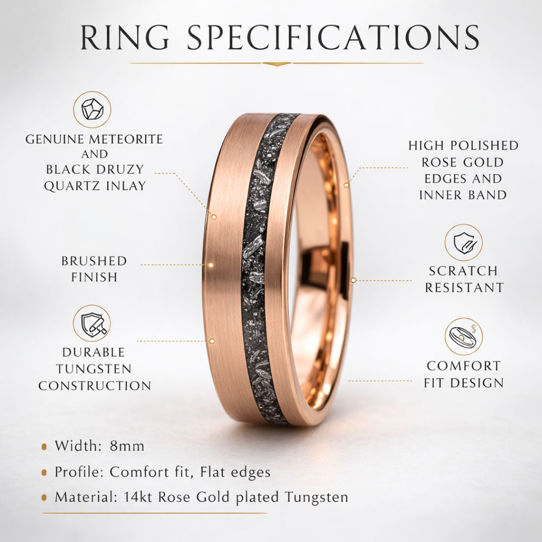 Tungsten 8mm Ring Rose Gold with Black Druzy Quartz and Meteorite - Tungsten Titans