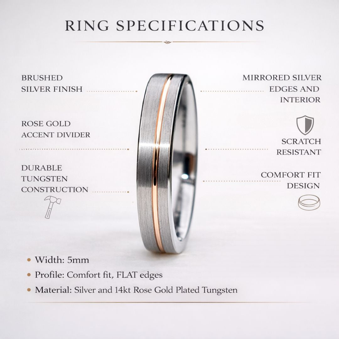 Tungsten Ring 5mm Brushed Silver with Rose Gold Stripe - Tungsten Titans