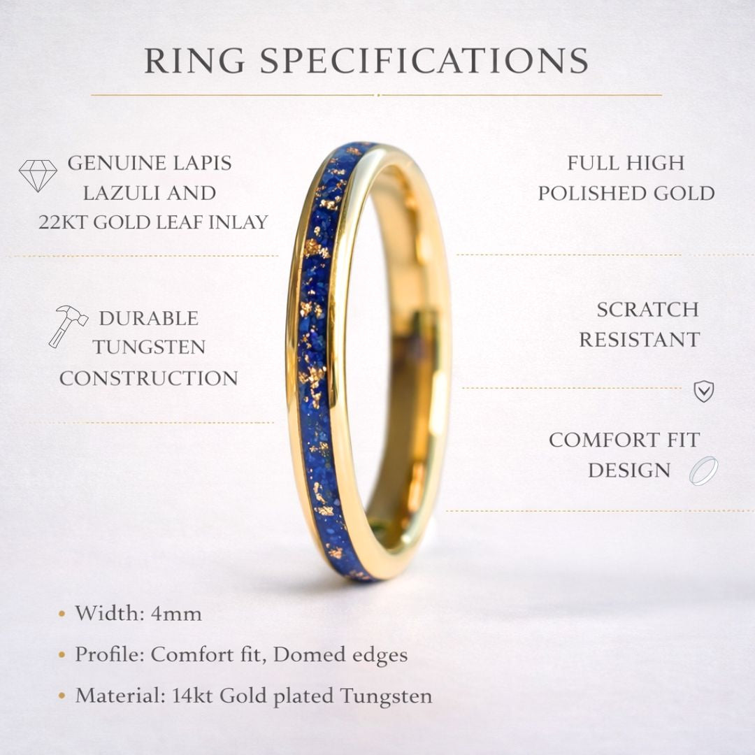 Tungsten 4mm Gold Ring with Lapis Lazuli & Gold Leaf Inlay - Tungsten Titans