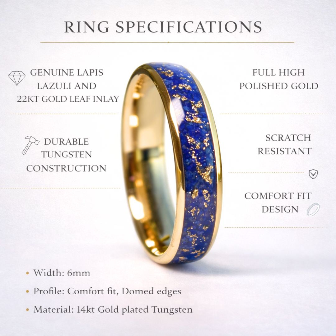 Tungsten 6mm Gold Ring with Lapis Lazuli & Gold Leaf Inlay - Tungsten Titans