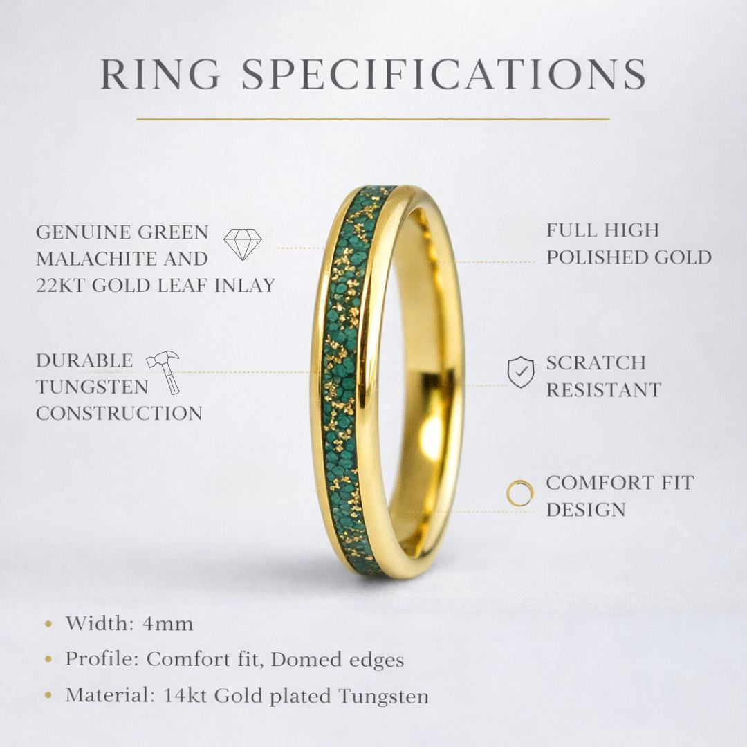 Tungsten 4mm Gold Ring with Malachite & Gold Leaf Inlay - Tungsten Titans
