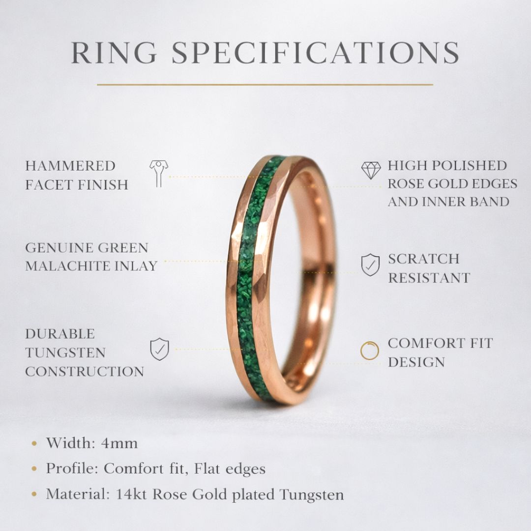 Tungsten 4mm Hammered Rose Gold Ring with Malachite Inlay - Tungsten Titans