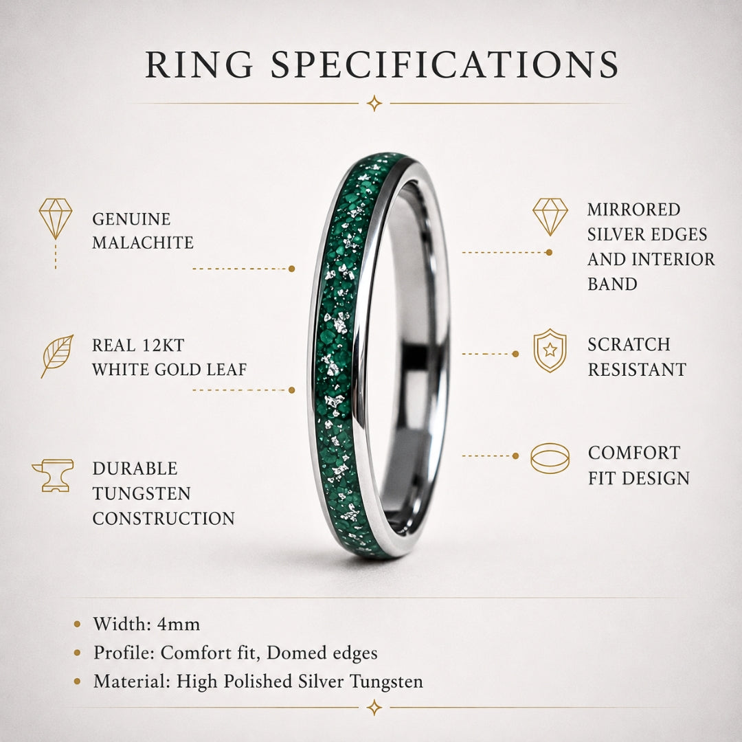 Tungsten 4mm Ring with Malachite & Gold Leaf Inlay