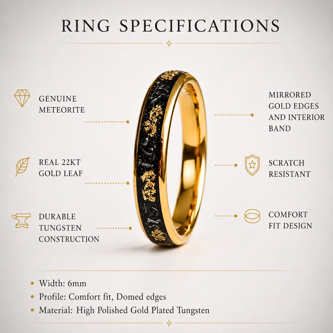 Tungsten 6mm Gold Ring with Meteorite & Gold Leaf Inlay