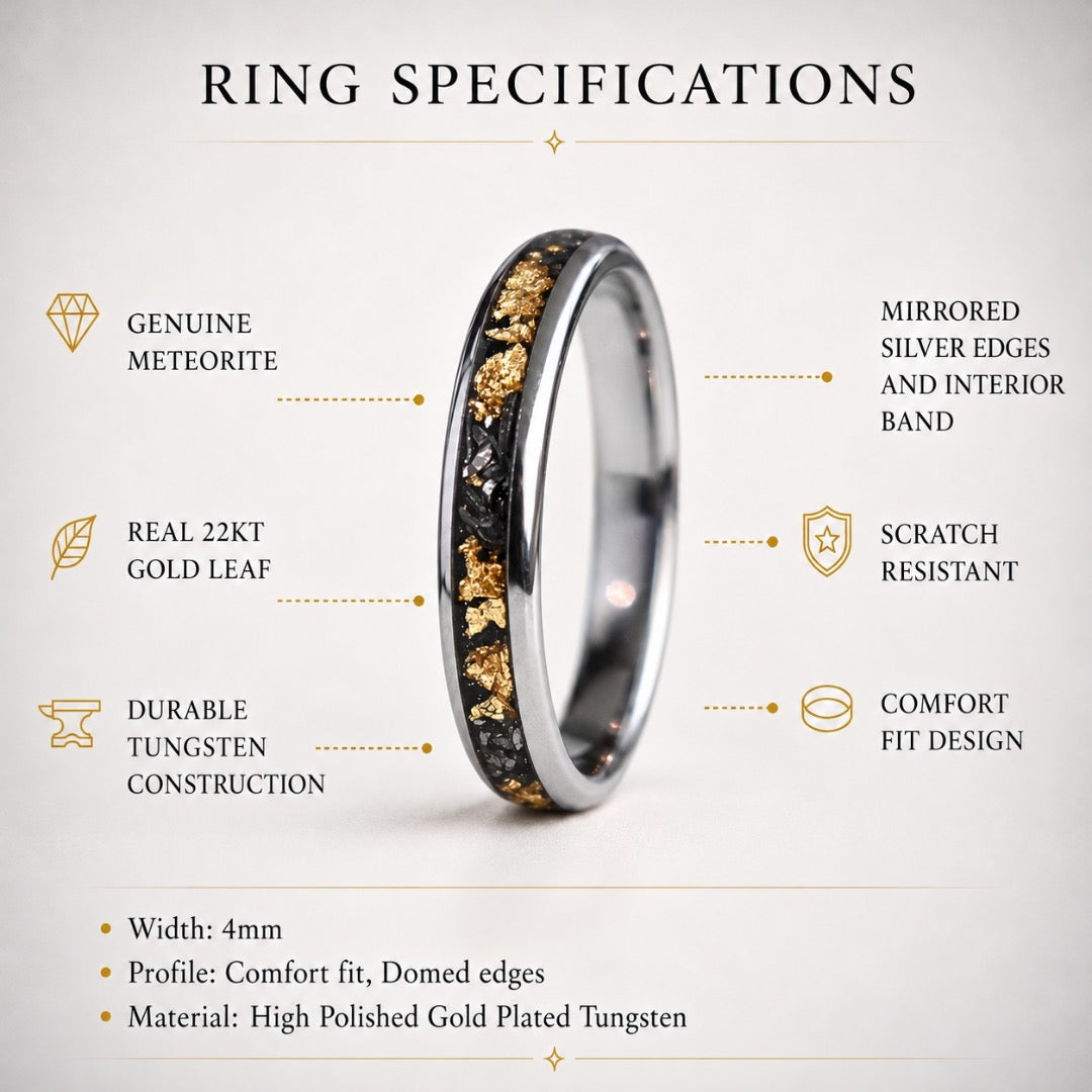 Tungsten 4mm Ring with Meteorite & Gold Leaf Inlay