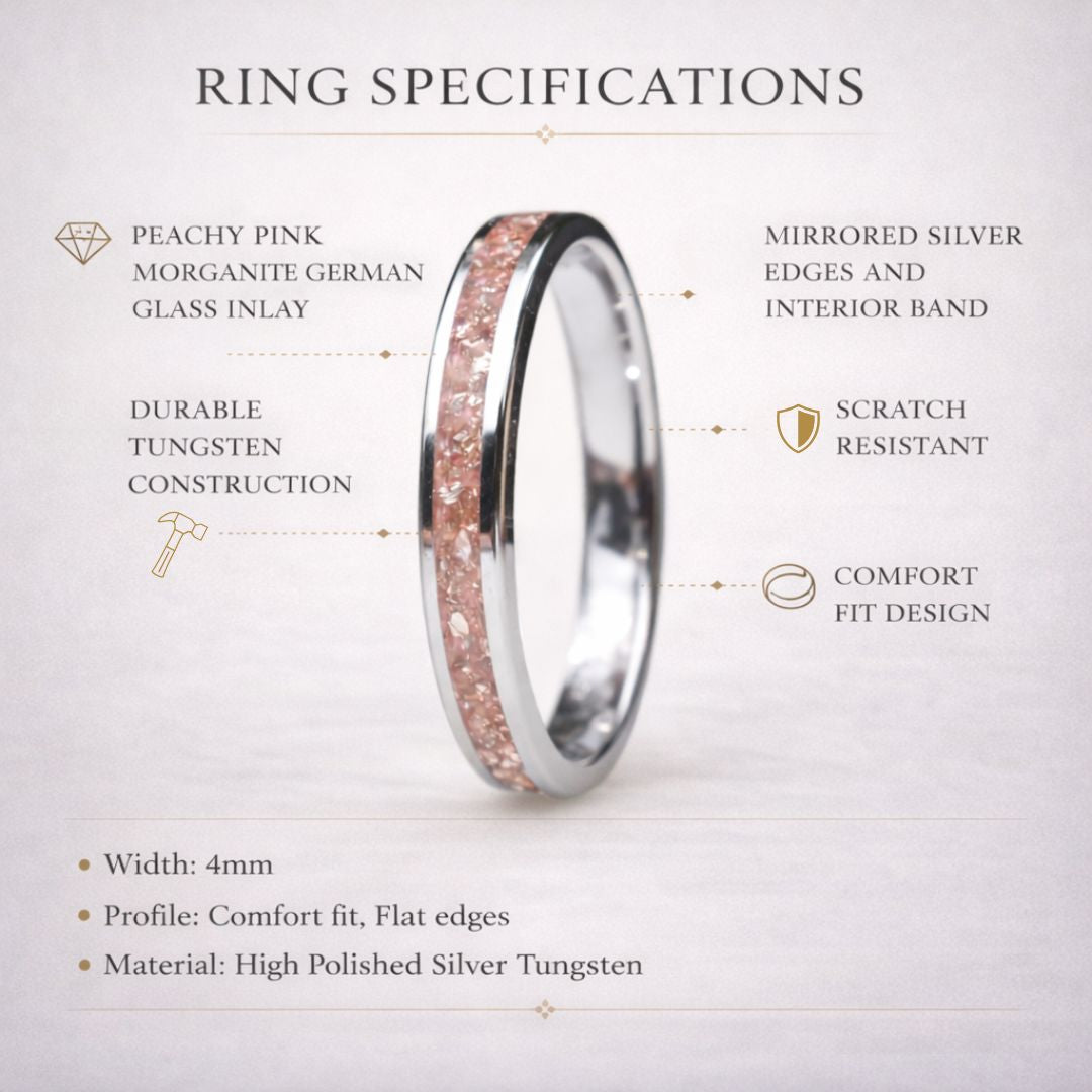 Tungsten 4mm Ring Peachy Pink Morganite German Glass Wedding Band - Tungsten Titans