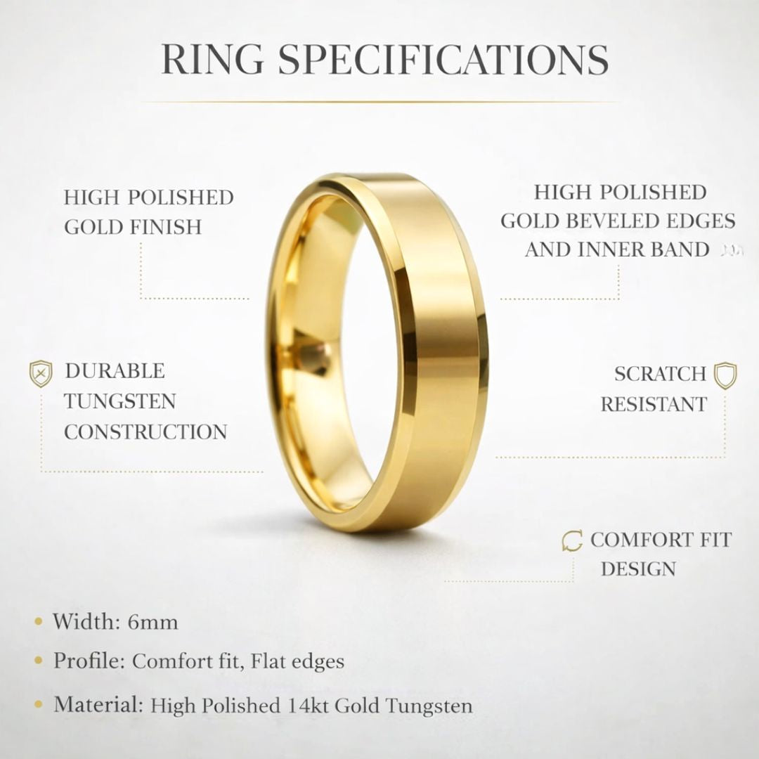 Tungsten 6mm Ring High Polished Gold with Beveled Edges and Comfort fit band - Tungsten Titans