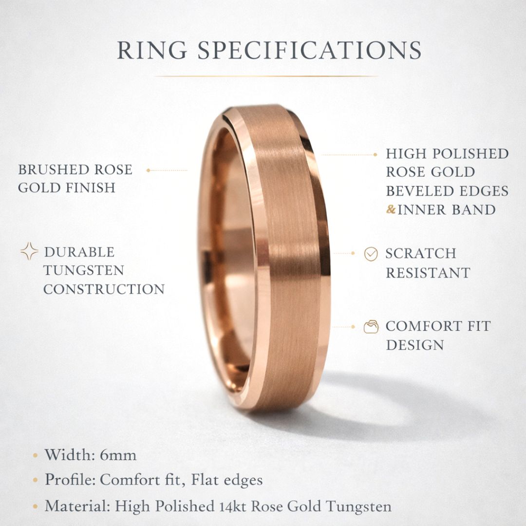 Tungsten Ring 6mm Brushed Rose Gold with Beveled Edge - Tungsten Titans