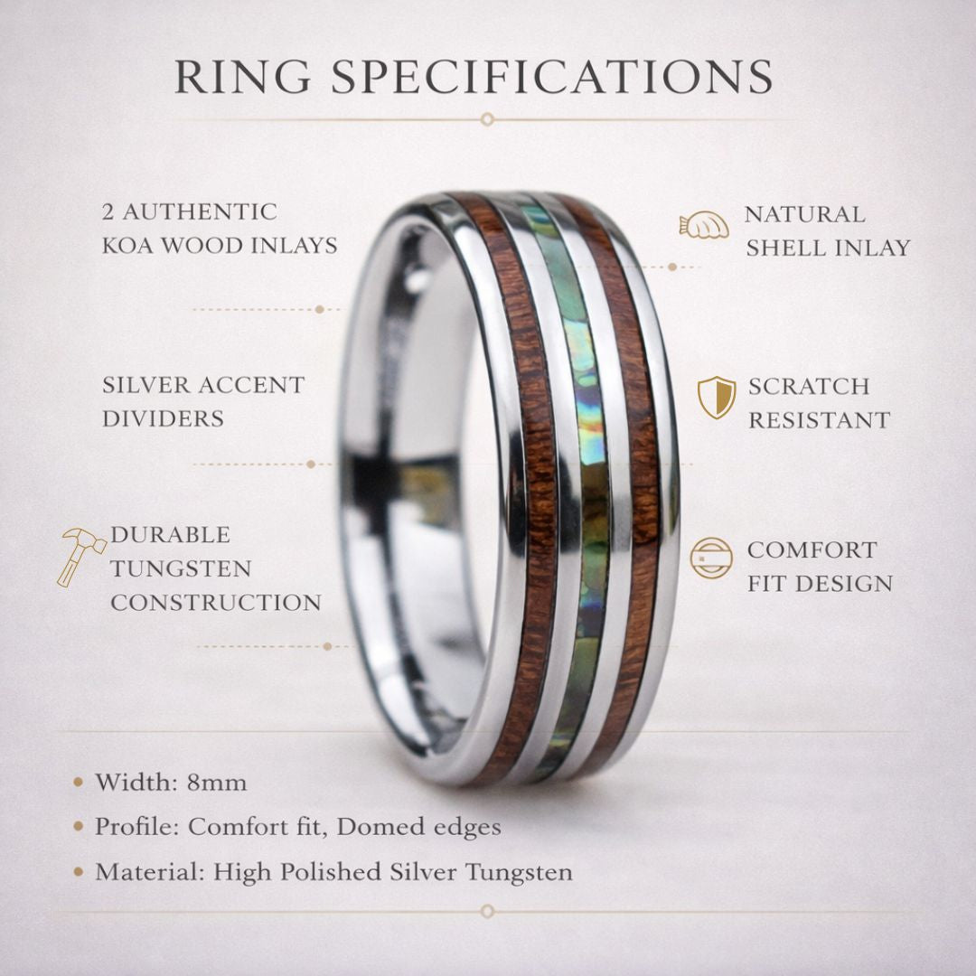 Tungsten 8mm Ring with Koa Wood and Shell Inlay