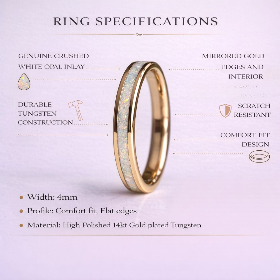 Tungsten 4mm Gold Ring Crushed White Opal Wedding Band - Tungsten Titans