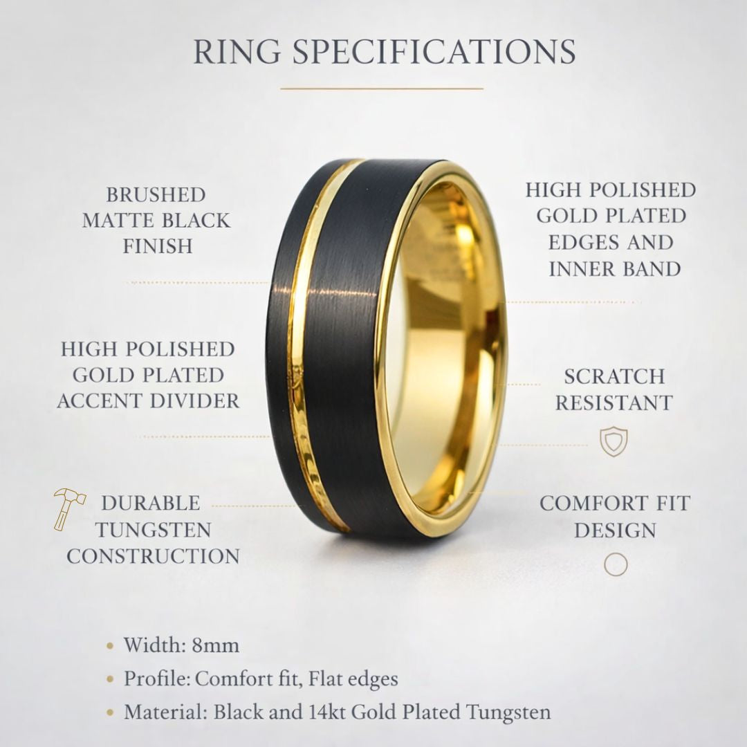 Tungsten 8mm Ring Brushed Black with Gold Accent Stripe - Tungsten Titans