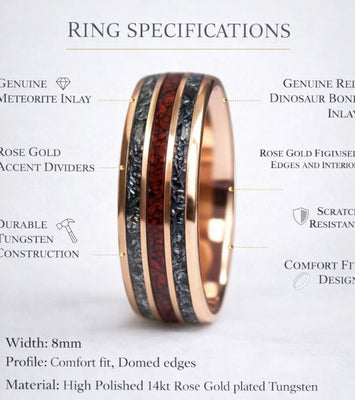 Tungsten 8mm Rose Gold Ring with Red Dinosaur Bone & Meteorite Ring - Tungsten Titans