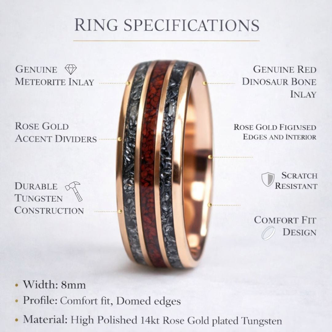 Tungsten 8mm Rose Gold Ring with Red Dinosaur Bone & Meteorite Ring - Tungsten Titans