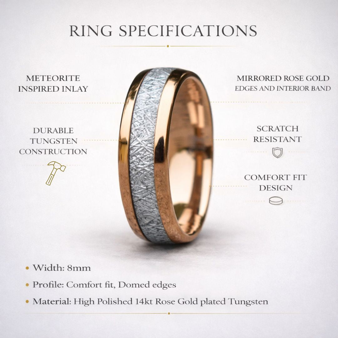 Tungsten 8mm Ring Rose Gold with Meteorite - Tungsten Titans