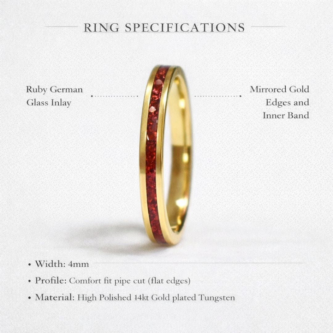 Tungsten 4mm Yellow Gold Ring German Ruby Red Glass Wedding Band - Tungsten Titans