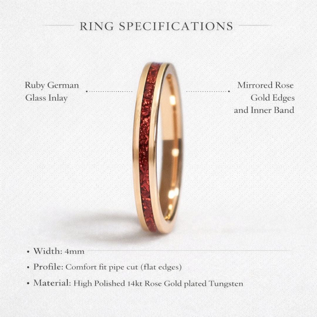 Tungsten 4mm Rose Gold Ring German Ruby Red Glass Wedding Band - Tungsten Titans