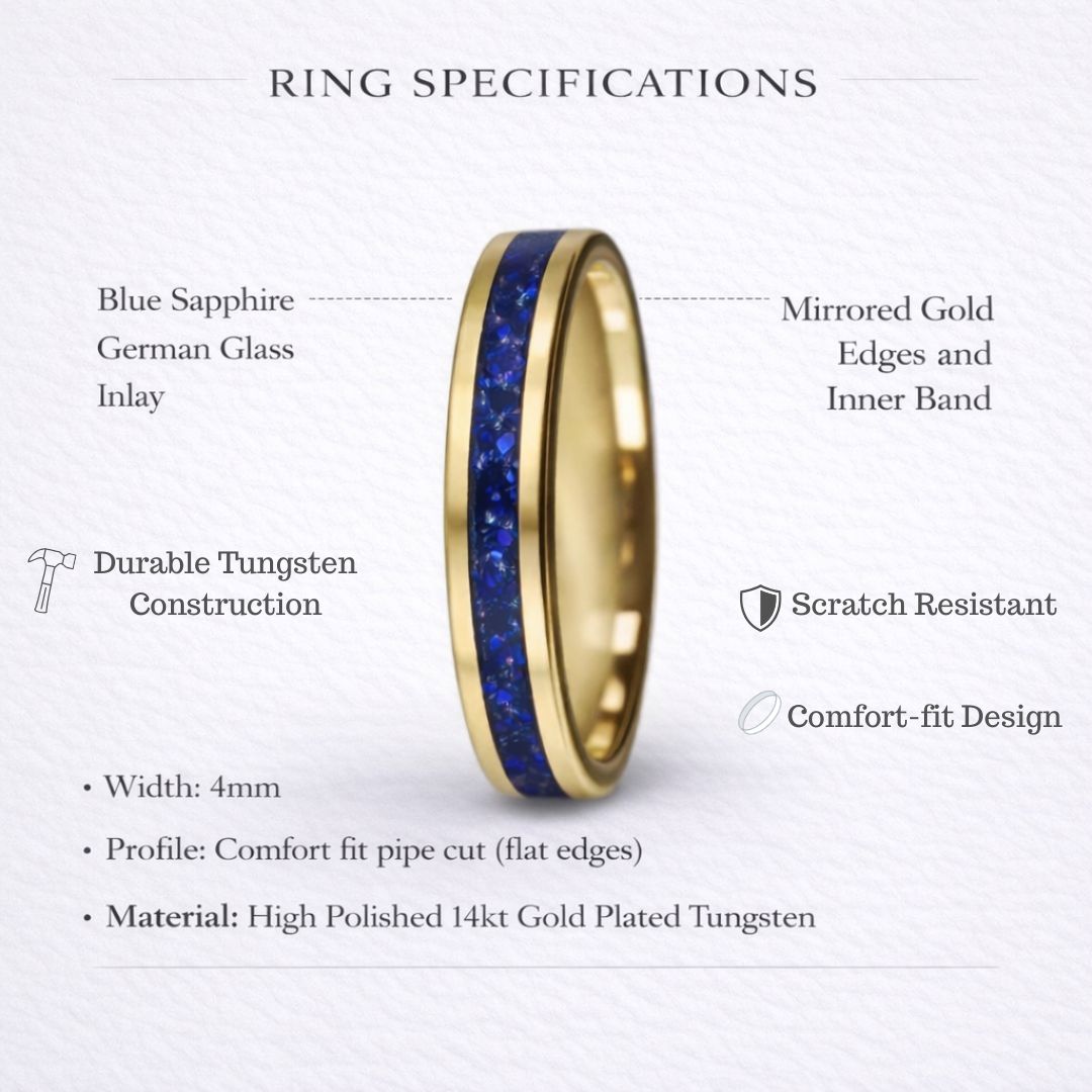 Tungsten 4mm Yellow Gold Ring Blue Sapphire German Glass Wedding Band - Tungsten Titans