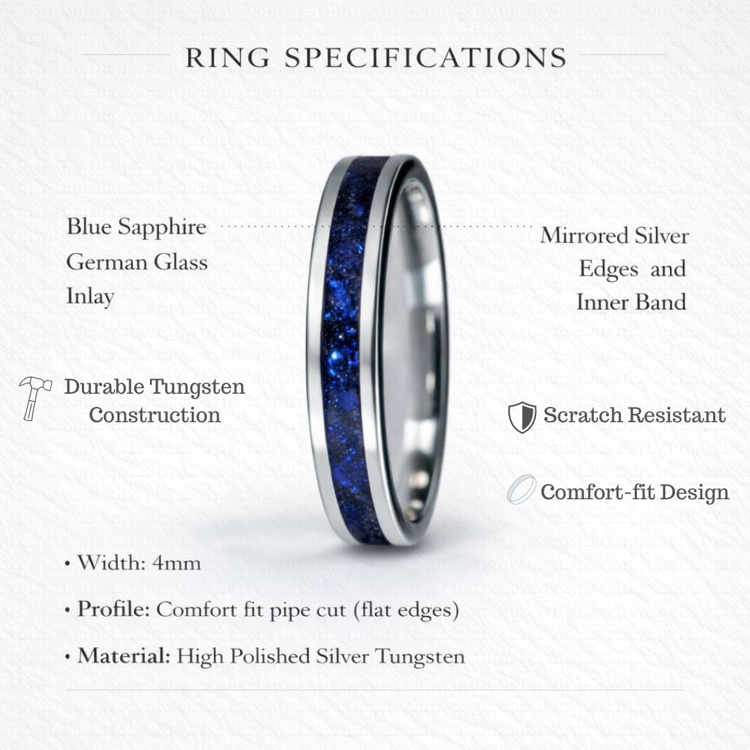 Tungsten 4mm Ring Blue Sapphire German Glass Wedding Band - Tungsten Titans