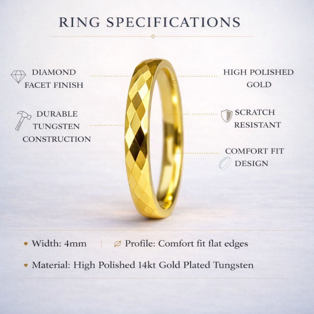 Tungsten Diamond Facet Yellow Gold 4mm Ring - Tungsten Titans