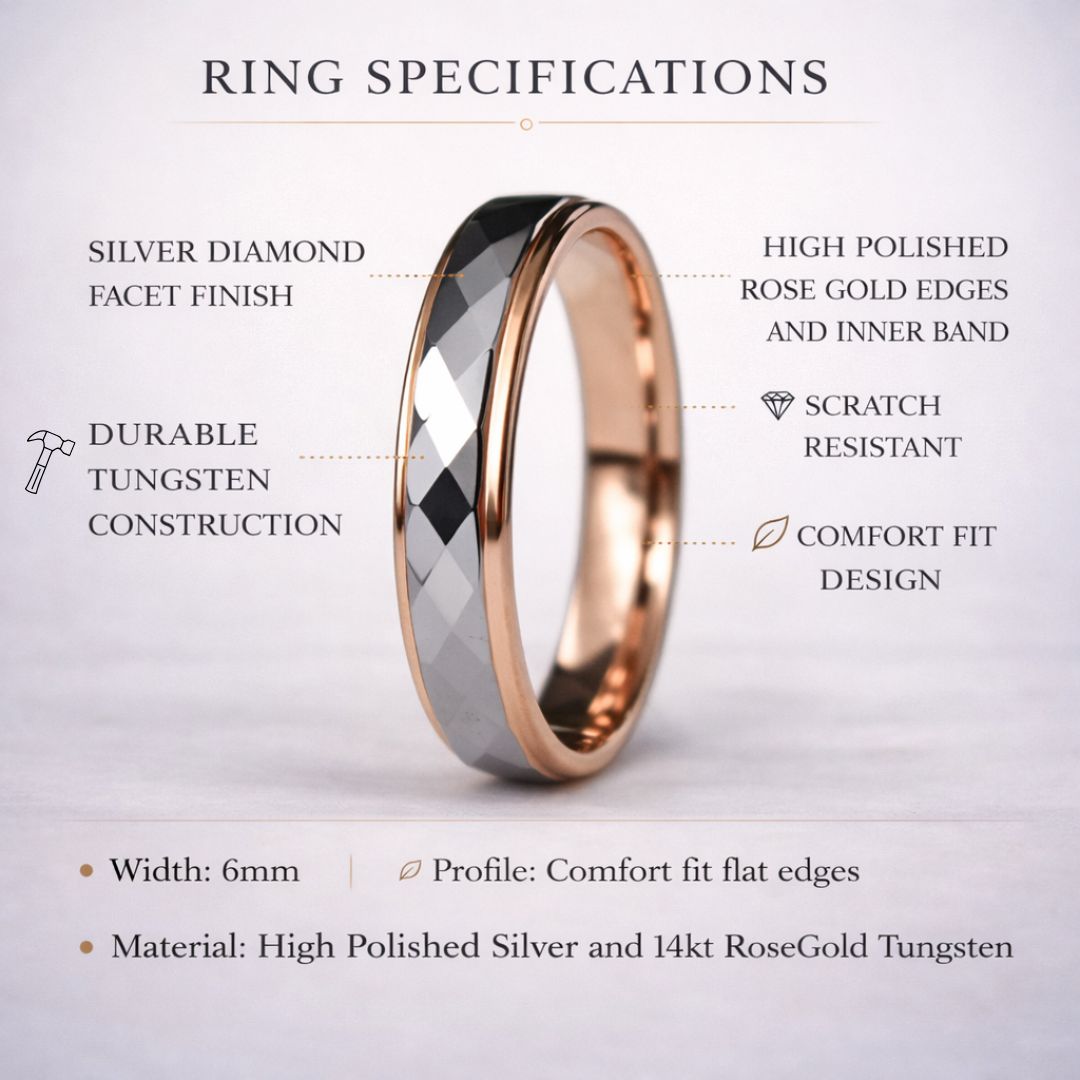 Tungsten 6mm Diamond Facet Silver Ring with Rose Gold Edges - Tungsten Titans