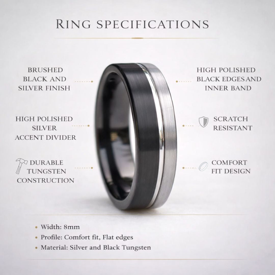 Tungsten Ring 8mm Black and Silver Brushed with Polished Silver Accent - Tungsten Titans
