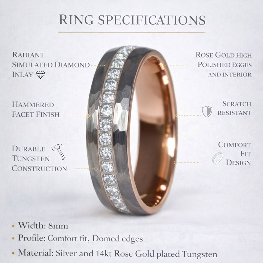 Hammered Tungsten Ring with Brilliant Simulated Diamond Inlay - Tungsten Titans